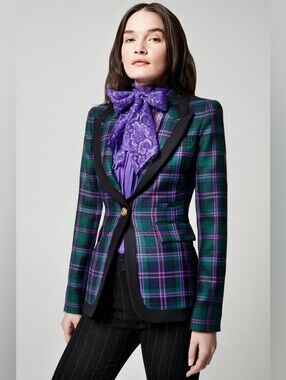 SMYTHE Taped Peaked Lapel Wool Blazer Jacket In Cooper Tartan US 6 Org $795